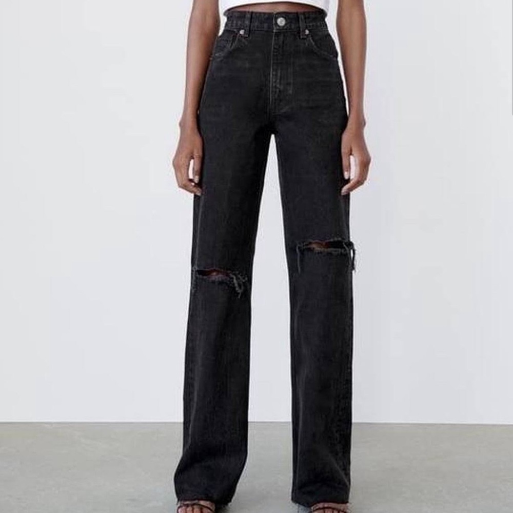 Zara Trf ripped wide leg black jeans